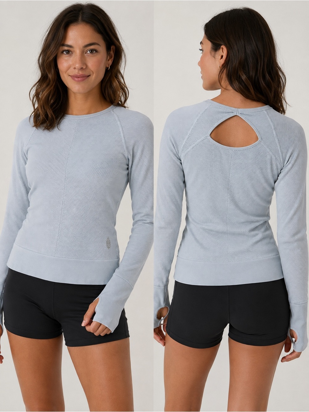 Free People Movement Blue Ribbed Long Sleeve Active Top M/L Cutout Back